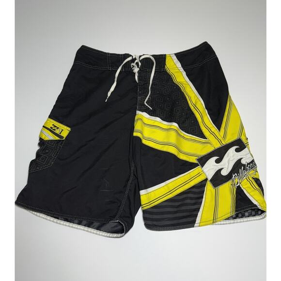 Billabong Board Shorts Andy Irons Argyle Men Size 34 Vintage Yellow Black Flames